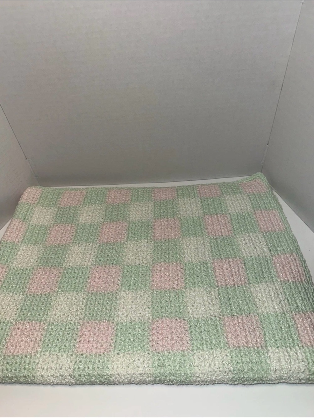 Baby Blanket 41.5x30 Pink Mint Green White Checkered Afghan Handmade
